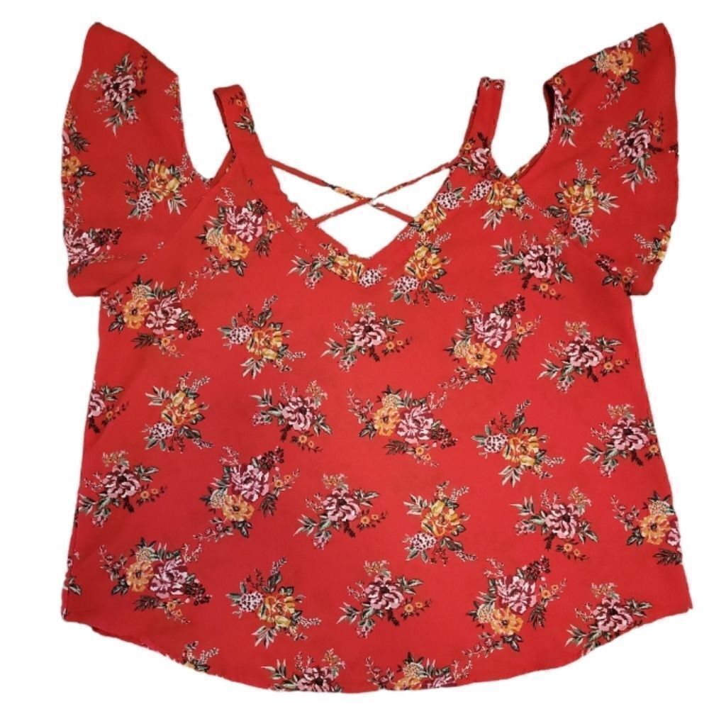 EC FLOWER & FEATHER COLD SHOULDER FLORAL BLOUSE SZ.2XL